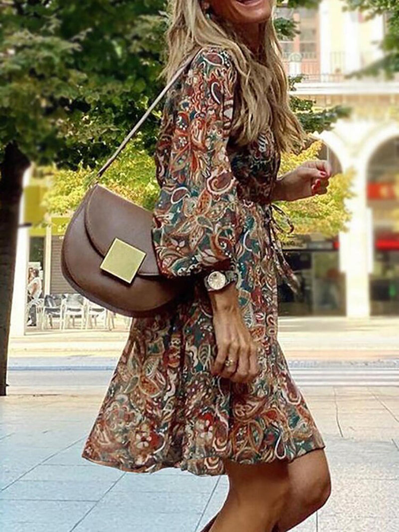 Zomerse Boho Mini Jurk voor Vrouwen met Lange Mouwen en V Hals