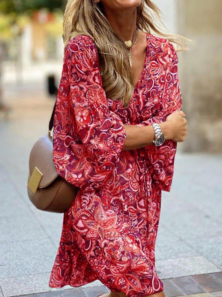 Robe Mini Bohème d’Été pour Femme avec Manches Longues et Col en V