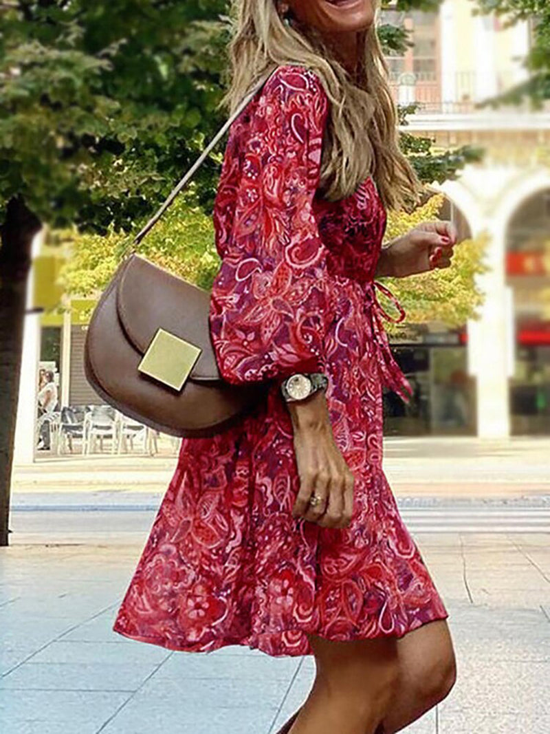 Robe Mini Bohème d’Été pour Femme avec Manches Longues et Col en V