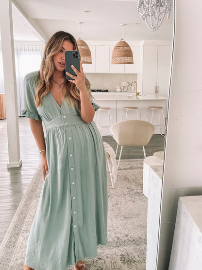 Groen Elegante Dames Zomer Midi Jurk Met Knopen En V Hals