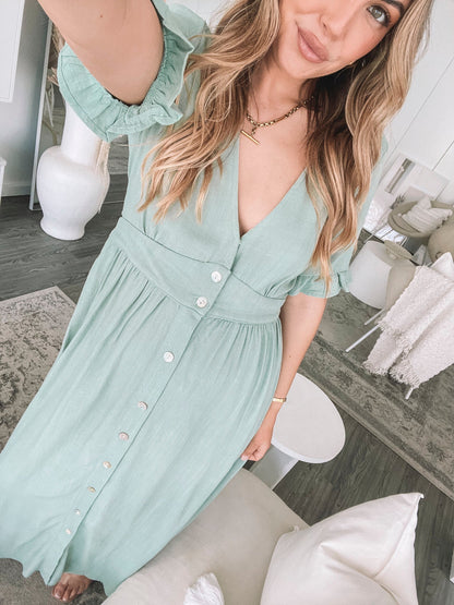 Groen Elegante Dames Zomer Midi Jurk Met Knopen En V Hals