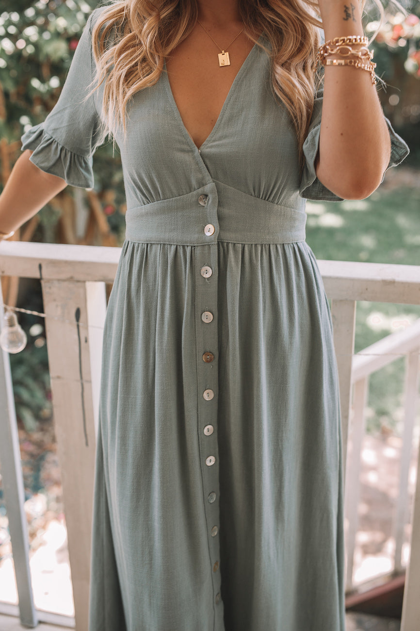 Groen Elegante Dames Zomer Midi Jurk Met Knopen En V Hals