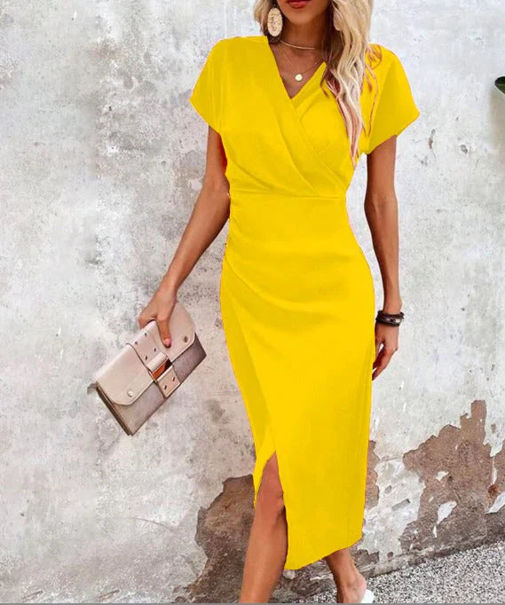 Stylish Women's Bodycon Midi Dress With Wrap And Short Sleeves