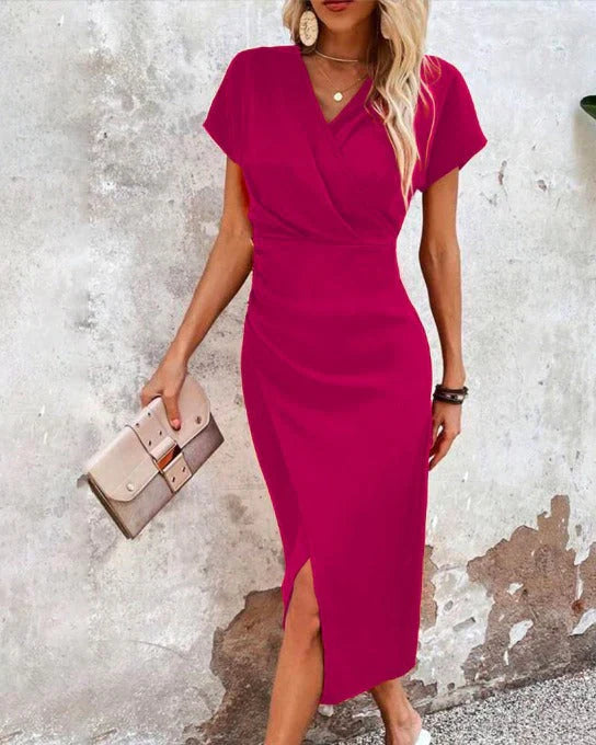 Stylish Women's Bodycon Midi Dress With Wrap And Short Sleeves