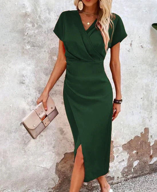 Stylish Women's Bodycon Midi Dress With Wrap And Short Sleeves