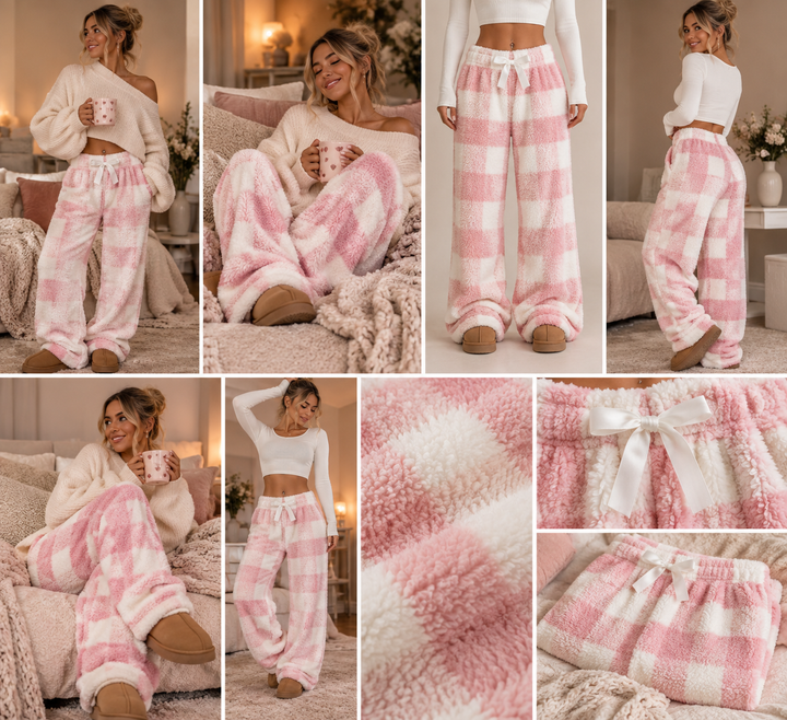 Donzige Fleece Dames Loungebroek met Ruitprint en Verstelbare Tailleband