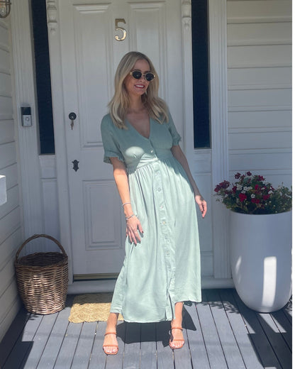 Groen Elegante Dames Zomer Midi Jurk Met Knopen En V Hals