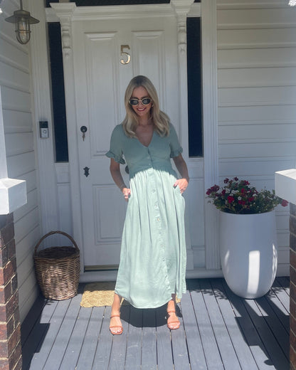 Groen Elegante Dames Zomer Midi Jurk Met Knopen En V Hals