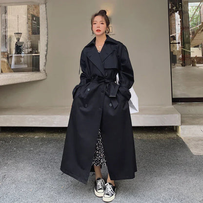 Lange Oversized Dames Trenchcoat met Dubbele Knoopsluiting en Ceintuur