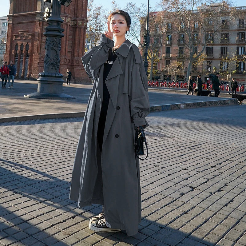 Lange Oversized Dames Trenchcoat met Dubbele Knoopsluiting en Ceintuur