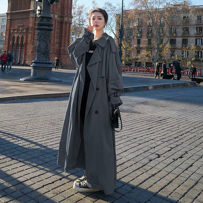 Lange Oversized Dames Trenchcoat met Dubbele Knoopsluiting en Ceintuur