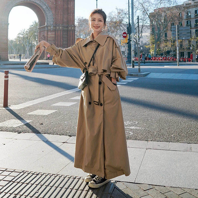 Lange Oversized Dames Trenchcoat met Dubbele Knoopsluiting en Ceintuur