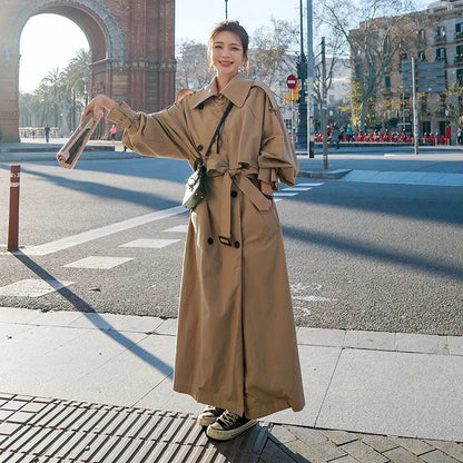 Lange Oversized Dames Trenchcoat met Dubbele Knoopsluiting en Ceintuur