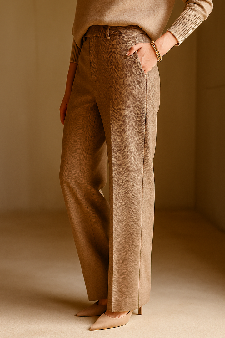 Elegant Wool-Blend Women's Pants with Straight Legs and High Waist