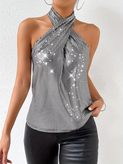 Dasia | Metallic Haltertop met Gekruiste Hals en Pailletten