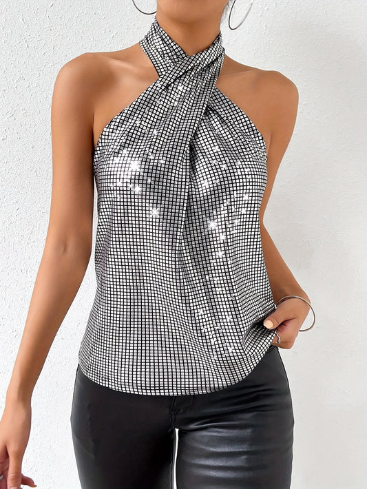 Dasia | Metallic Haltertop met Gekruiste Hals en Pailletten