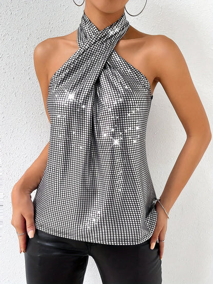 Dasia | Metallic Haltertop met Gekruiste Hals en Pailletten