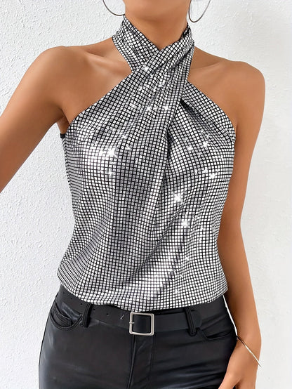 Dasia | Metallic Haltertop met Gekruiste Hals en Pailletten