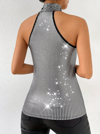 Dasia | Metallic Haltertop met Gekruiste Hals en Pailletten