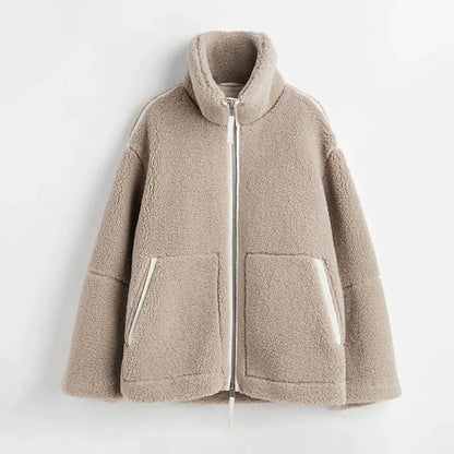 Zachte Dames Teddy Fleece Jas met Rits en Hoge Kraag
