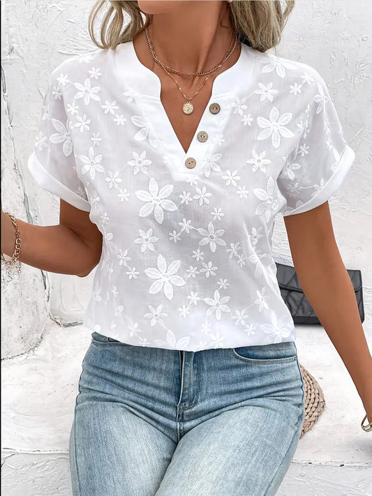 Clady | Geborduurde Katoenen Blouse - Korte Mouw