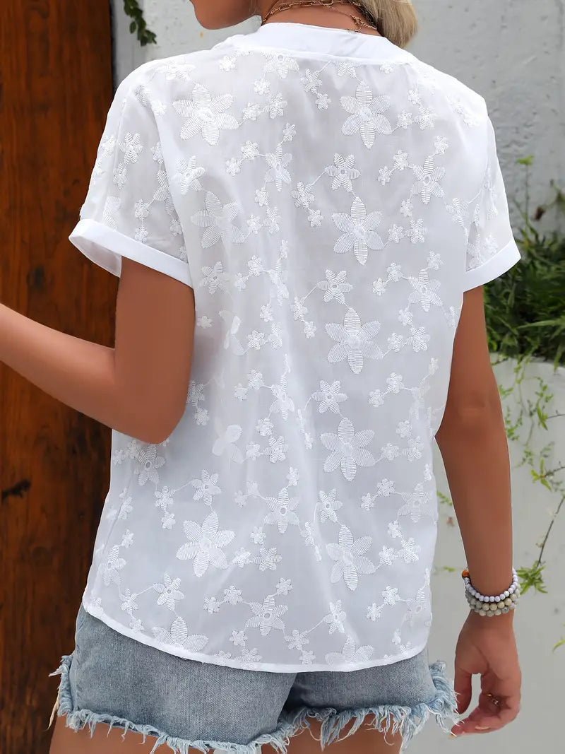 Clady | Geborduurde Katoenen Blouse - Korte Mouw