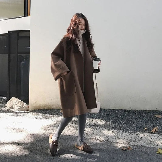 Oversized Elegante Dames Wollen Jas met Grote Zakken