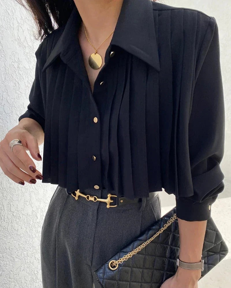Refined Pleated Women's Blouse with Long Sleeve