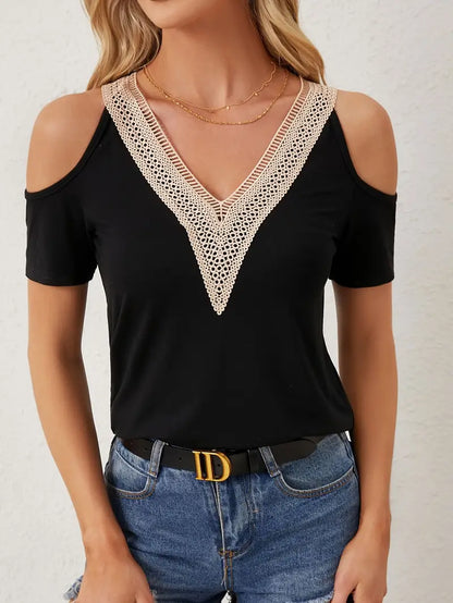 Cisca | Elegante Summer Top met Open Schouders - Kant Detail