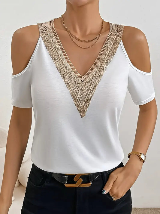 Cisca | Elegante Summer Top met Open Schouders - Kant Detail