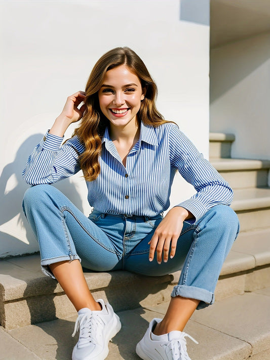 Gestreepte blouse voor vrouwen | knoopjes en lange mouw