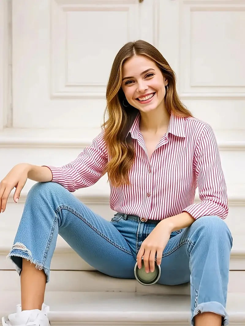 Gestreepte blouse voor vrouwen | knoopjes en lange mouw