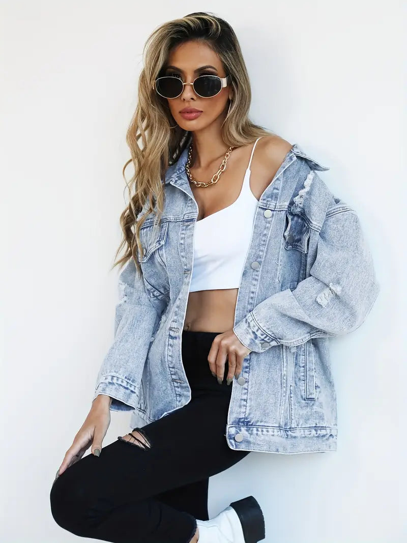 Denim Oversized Women's Coat with Light Washed Effect