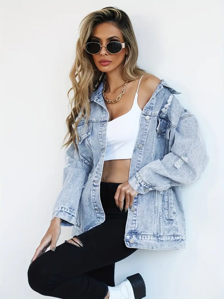 Denim Oversized Women's Coat with Light Washed Effect