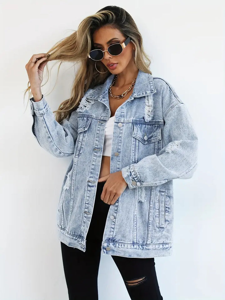 Denim Oversized Women's Coat with Light Washed Effect