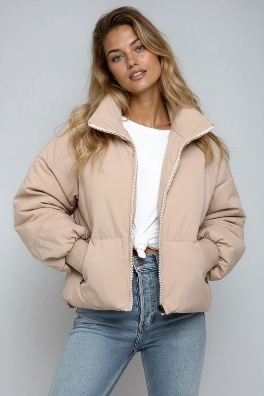 Comfortabele Gewatteerde Dames Puffer Jas Kort Met Rits