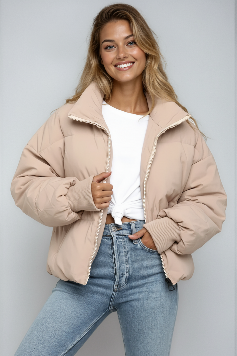 Comfortabele Gewatteerde Dames Puffer Jas Kort Met Rits