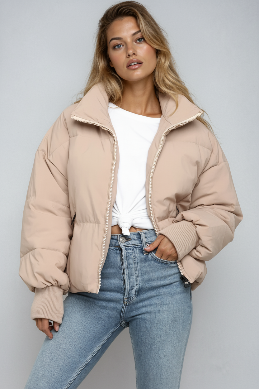 Comfortabele Gewatteerde Dames Puffer Jas Kort Met Rits
