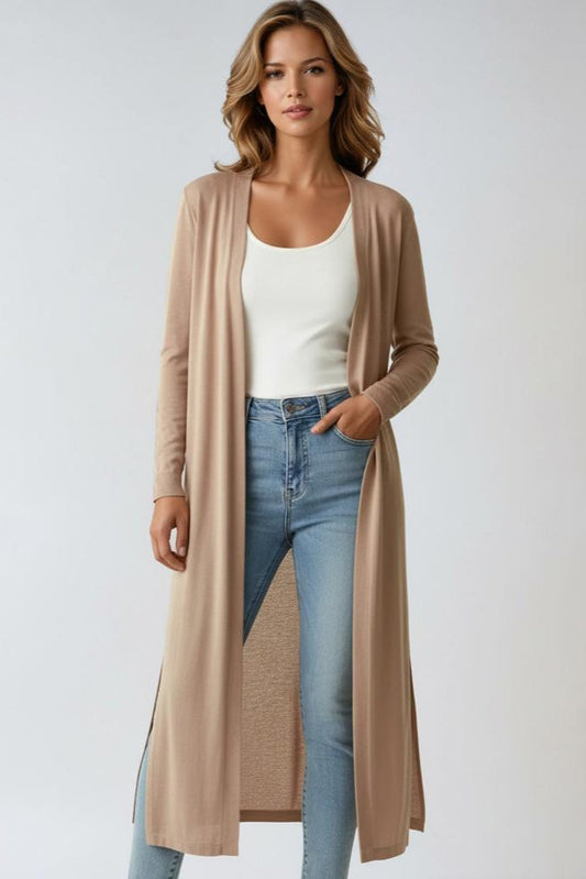 Comfortable Women's Long Cardigan with Open Front and Slit