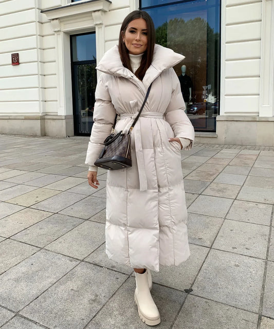Lange Dames Puffer Winterjas met Ceintuur en Hoge Kraag