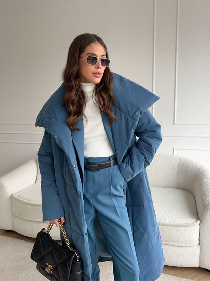 Lange Dames Puffer Winterjas met Ceintuur en Hoge Kraag