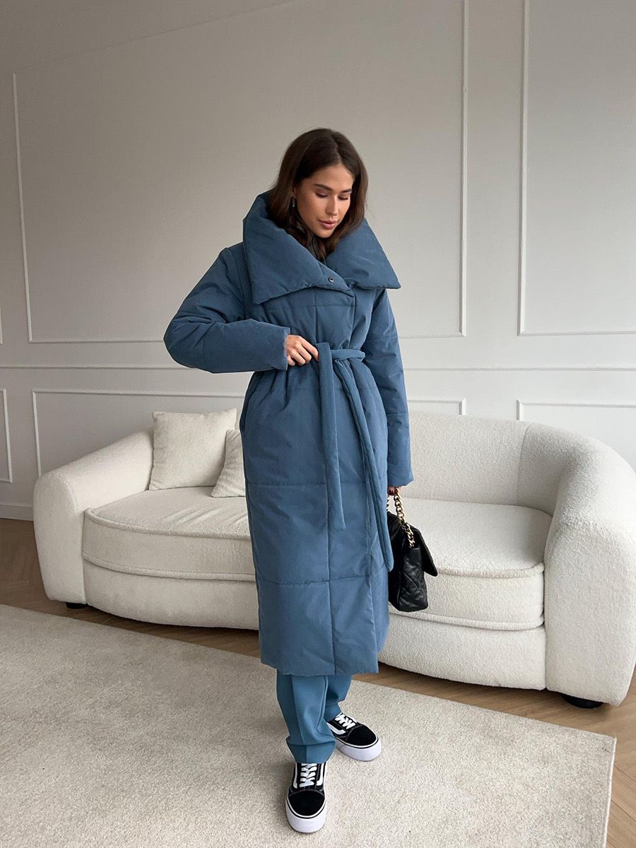 Lange Dames Puffer Winterjas met Ceintuur en Hoge Kraag