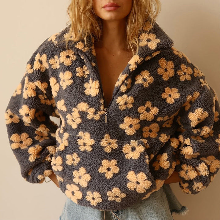 Women's Oversized Fleece Sweater with Floral Print and Zipper