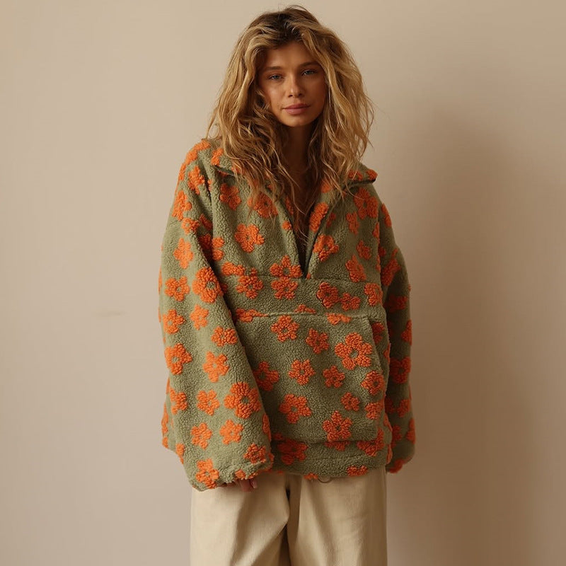 Women's Oversized Fleece Sweater with Floral Print and Zipper