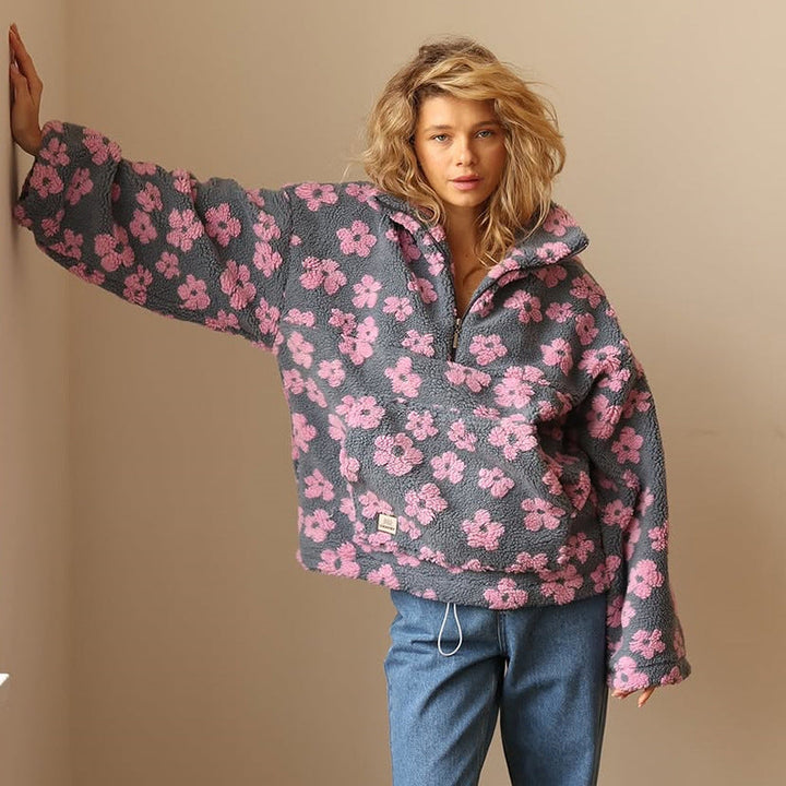 Women's Oversized Fleece Sweater with Floral Print and Zipper