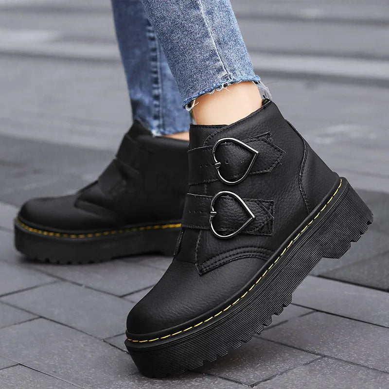 Bottines en Cuir Tendance pour Femme avec Boucles et Semelle Épaisse