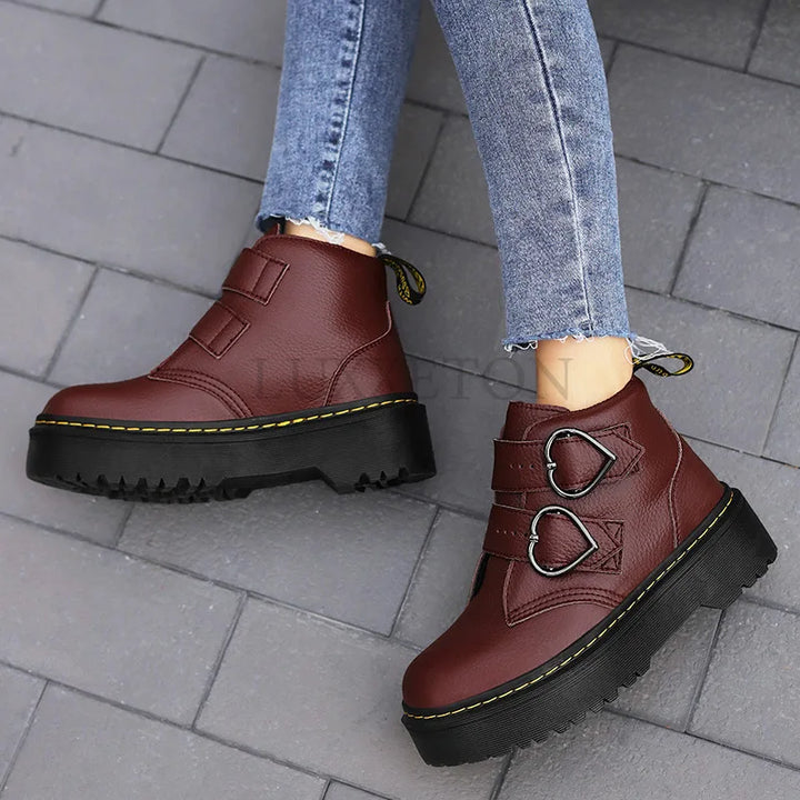 Bottines en Cuir Tendance pour Femme avec Boucles et Semelle Épaisse