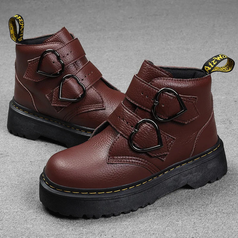 Bottines en Cuir Tendance pour Femme avec Boucles et Semelle Épaisse
