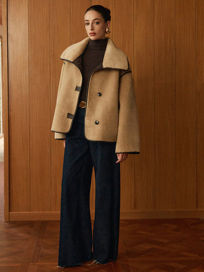 Dames Oversized Fleece Winterjas met Grote Kraag en Knopen