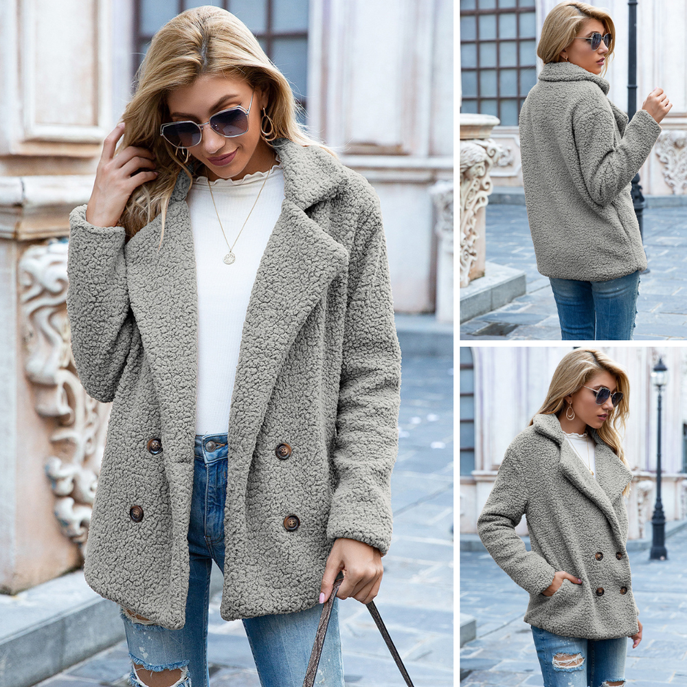 Manteau Teddy Doux pour Femme avec Fermeture Boutonnée et Poches